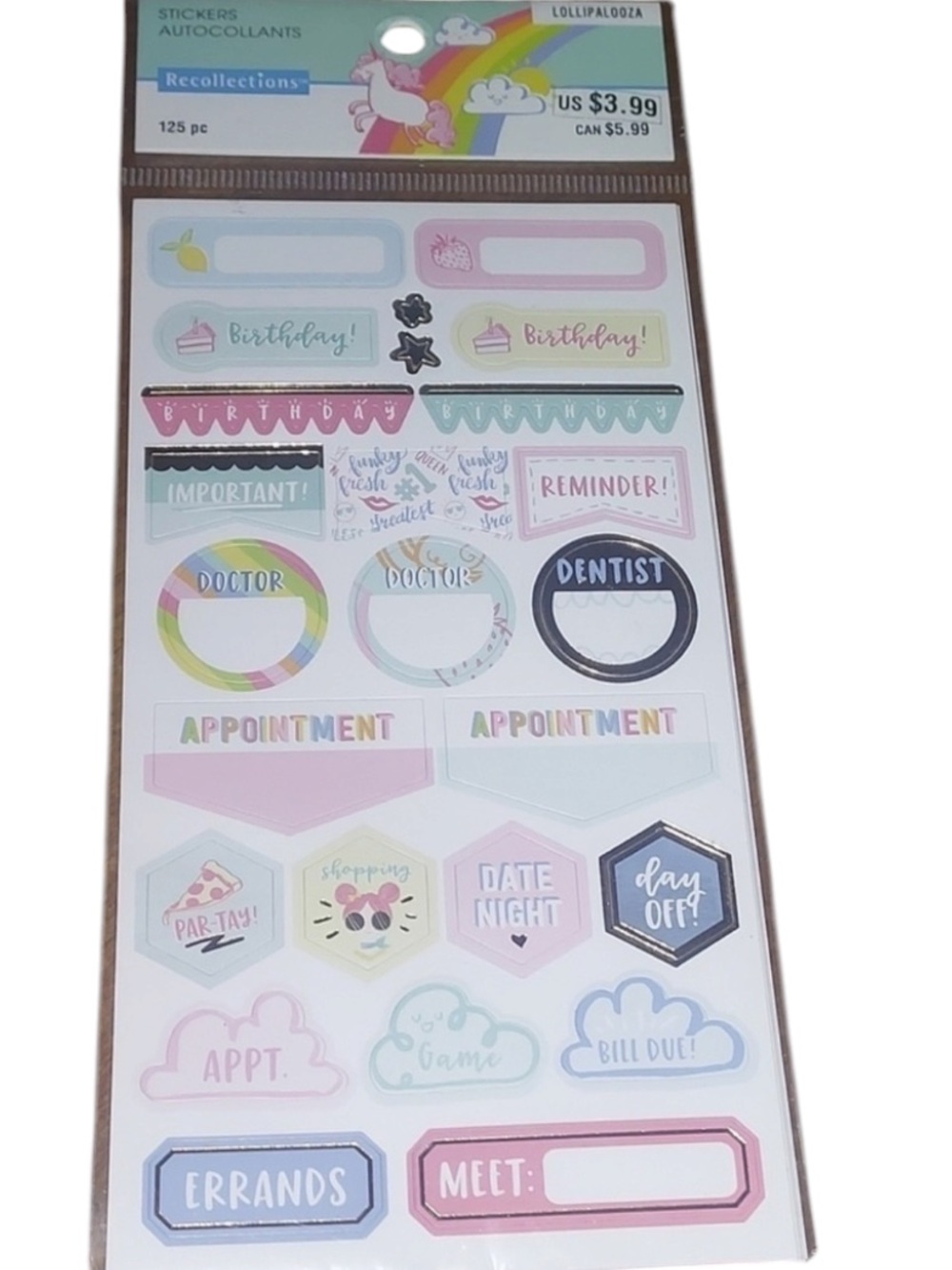 RECOLLECTIONS Stickers Autocollants lollipalooza birthday , reminder... 125 pc